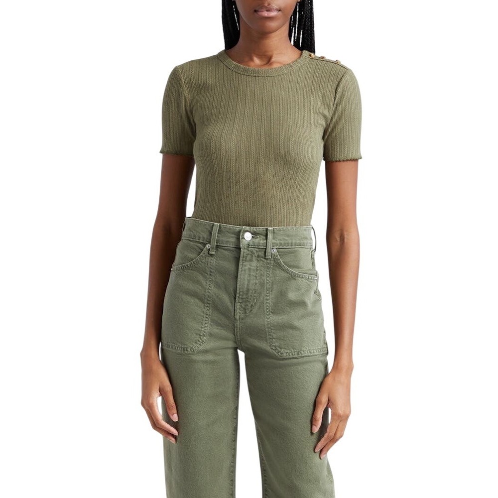 Veronica Beard Draya Open Stitch Knit T-Shirt Small‎ S Stone Army Green Casual